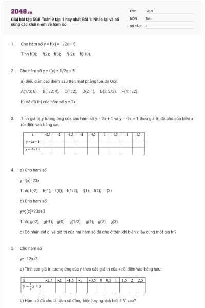 Giải bài tập SGK Toán 9 tập 1 hay nhất Bài 1: Nhắc lại và bổ sung các khái niệm về hàm số