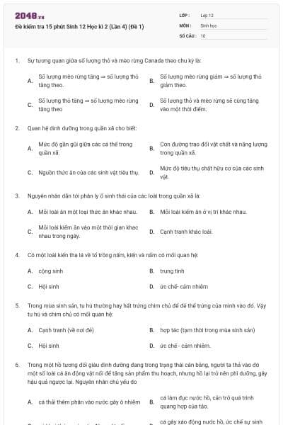 Đề kiểm tra 15 phút Sinh 12 Học kì 2 (Lần 4) (Đề 1)
