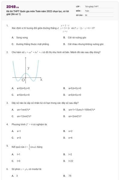 Đề thi THPT Quốc gia môn Toán năm 2022 chọn lọc, có lời giải (Đề số 1)
