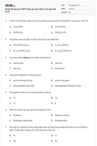 Bộ đề thi Hóa học THPT Quốc gia năm 2022 có lời giải (Đề số 3)