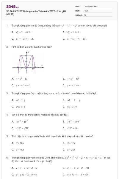 30 đề thi THPT Quốc gia môn Toán năm 2022 có lời giải (đề 15)