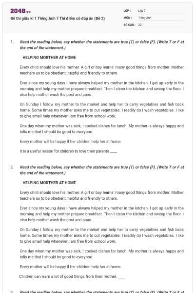 Đề thi giữa kì 1 Tiếng Anh 7 Thí điểm có đáp án (Đề 2)