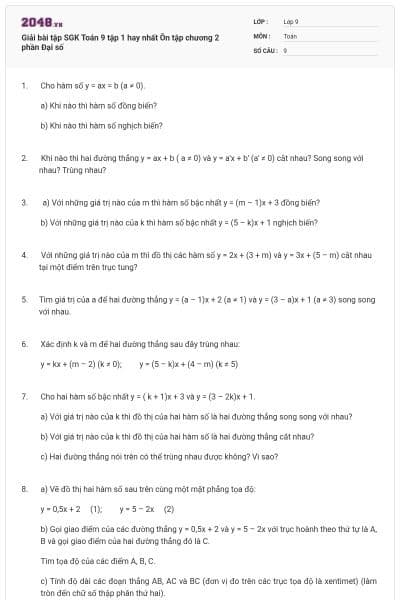 Giải bài tập SGK Toán 9 tập 1 hay nhất Ôn tập chương 2 phần Đại số