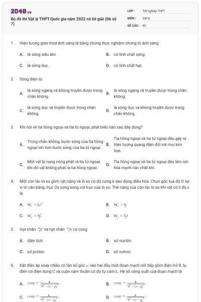 Bộ đề thi Vật lý THPT Quốc gia năm 2022 có lời giải (Đề số 7)