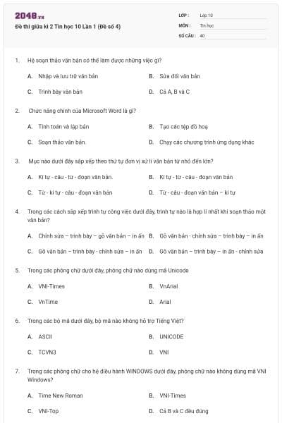 Đề thi giữa kì 2 Tin học 10 Lần 1 (Đề số 4)