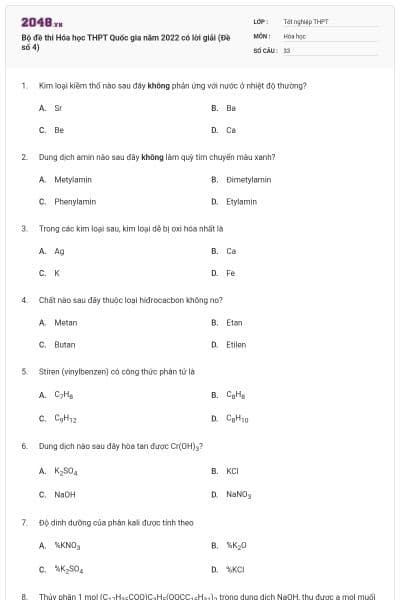 Bộ đề thi Hóa học THPT Quốc gia năm 2022 có lời giải (Đề số 4)
