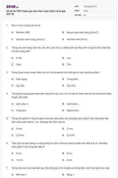 30 đề thi THPT Quốc gia môn Vật lí năm 2022 có lời giải (Đề 18)
