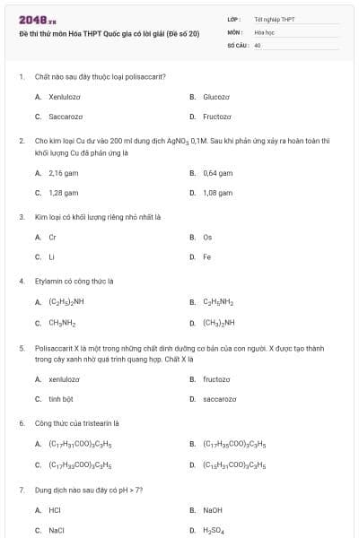 Đề thi thử môn Hóa THPT Quốc gia có lời giải (Đề số 20)