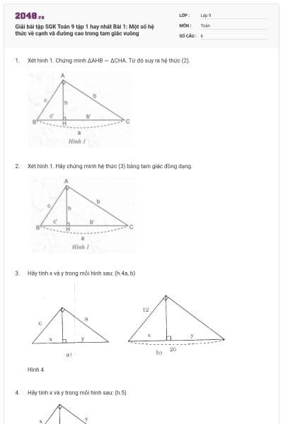 Giải bài tập SGK Toán 9 tập 1 hay nhất Bài 1: Một số hệ thức về cạnh và đường cao trong tam giác vuông