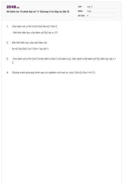 Đề kiểm tra 15 phút Đại số 11 Chương 4 có đáp án (Đề 3)