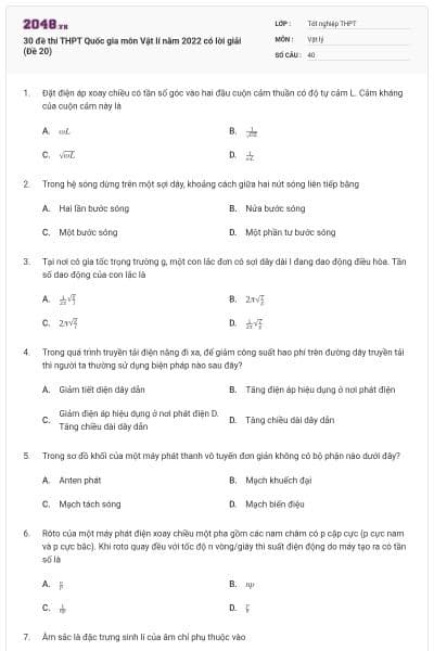 30 đề thi THPT Quốc gia môn Vật lí năm 2022 có lời giải (Đề 20)