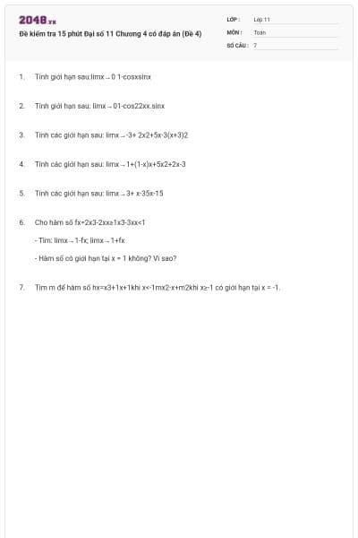 Đề kiểm tra 15 phút Đại số 11 Chương 4 có đáp án (Đề 4)