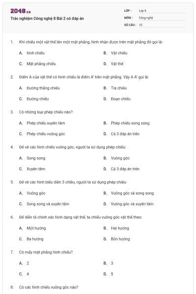 Trắc nghiệm Công nghệ 8 Bài 2 có đáp án