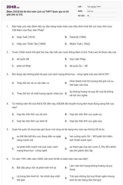 [Năm 2022] Đề thi thử môn Lịch sử THPT Quốc gia có lời giải (Đề số 24)