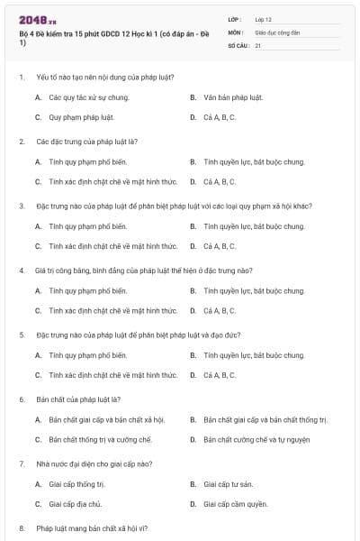 Bộ 4 Đề kiểm tra 15 phút GDCD 12 Học kì 1 (có đáp án - Đề 1)