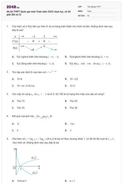 Đề thi THPT Quốc gia môn Toán năm 2022 chọn lọc, có lời giải (Đề số 2)