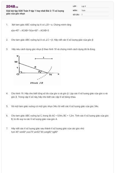 Giải bài tập SGK Toán 9 tập 1 hay nhất Bài 2: Tỉ số lượng giác của góc nhọn