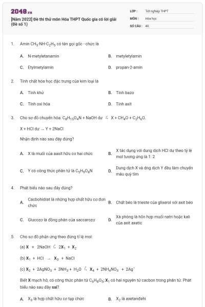 [Năm 2022] Đề thi thử môn Hóa THPT Quốc gia có lời giải (Đề số 1)