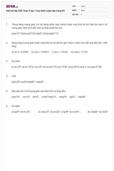 Giải bài tập SGK Toán 9 tập 1 hay nhất Luyện tập trang 84