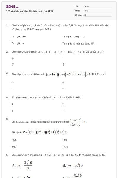 100 câu trắc nghiệm Số phức nâng cao (P1)