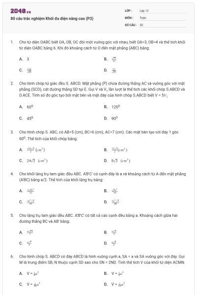 80 câu trắc nghiệm Khối đa diện nâng cao (P3)