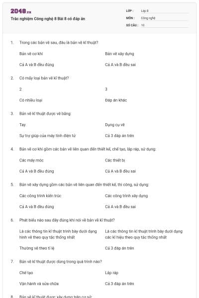 Trắc nghiệm Công nghệ 8 Bài 8 có đáp án