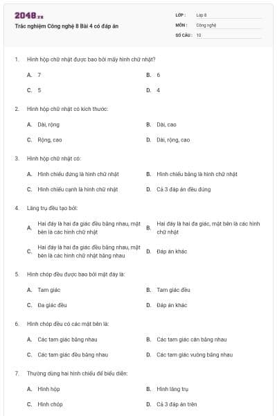 Trắc nghiệm Công nghệ 8 Bài 4 có đáp án