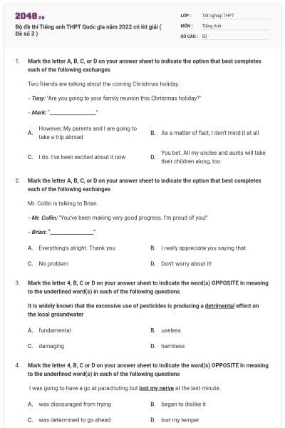 Bộ đề thi Tiếng anh THPT Quốc gia năm 2022 có lời giải ( Đề số 3 )