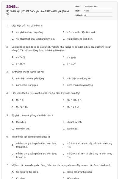 Bộ đề thi Vật lý THPT Quốc gia năm 2022 có lời giải (Đề số 9)