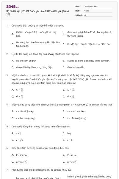Bộ đề thi Vật lý THPT Quốc gia năm 2022 có lời giải (Đề số 10)