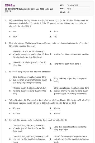 30 đề thi THPT Quốc gia môn Vật lí năm 2022 có lời giải (Đề 23)