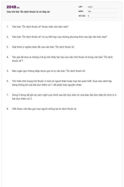 Câu hỏi bài: Ôn dịch thuốc lá có đáp án