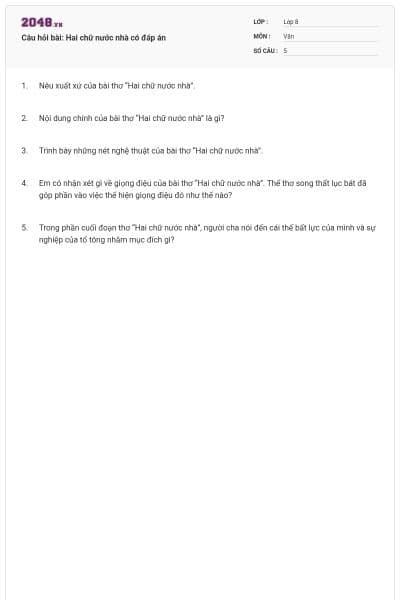 Câu hỏi bài: Hai chữ nước nhà có đáp án