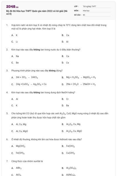 Bộ đề thi Hóa học THPT Quốc gia năm 2022 có lời giải (Đề số 8)