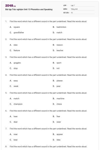 Bài tập Trắc nghiệm Unit 13 Phonetics and Speaking