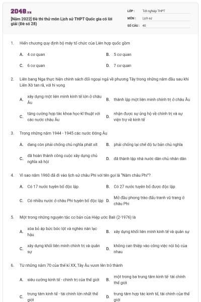 [Năm 2022] Đề thi thử môn Lịch sử THPT Quốc gia có lời giải (Đề số 28)