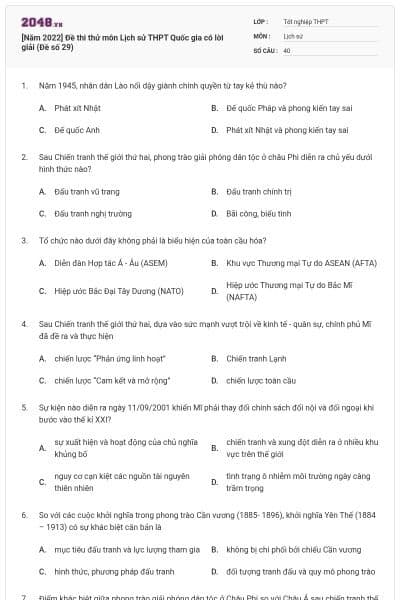 [Năm 2022] Đề thi thử môn Lịch sử THPT Quốc gia có lời giải (Đề số 29)