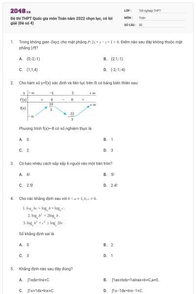 Đề thi THPT Quốc gia môn Toán năm 2022 chọn lọc, có lời giải (Đề số 4)