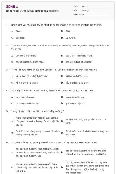 Đề thi học kì 2 Sinh 12 (Bài kiểm tra cuối kì) (Đề 2)