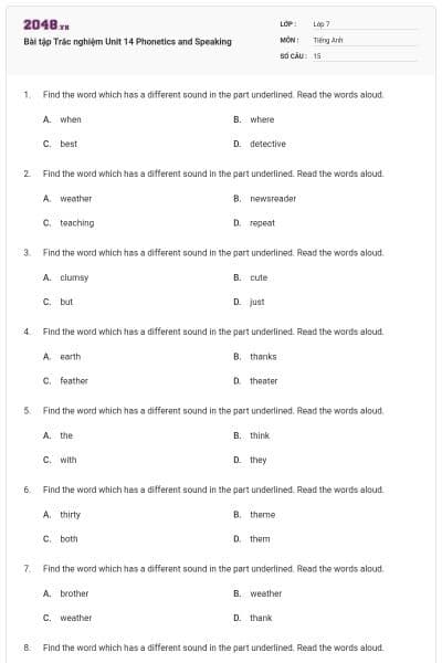 Bài tập Trắc nghiệm Unit 14 Phonetics and Speaking