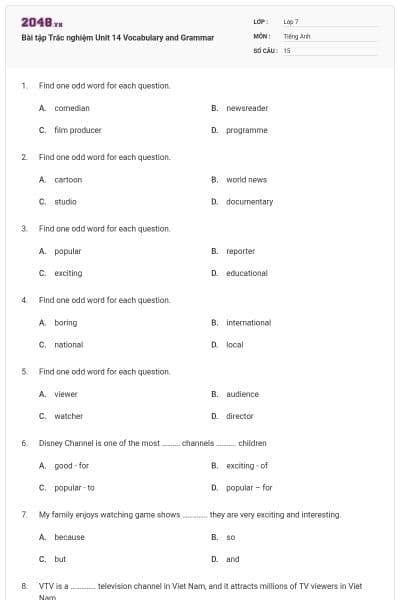 Bài tập Trắc nghiệm Unit 14 Vocabulary and Grammar