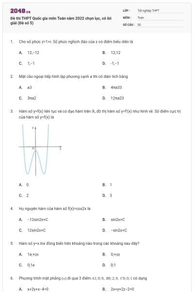 Đề thi THPT Quốc gia môn Toán năm 2022 chọn lọc, có lời giải (Đề số 5)