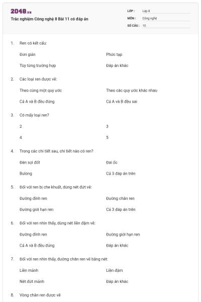 Trắc nghiệm Công nghệ 8 Bài 11 có đáp án