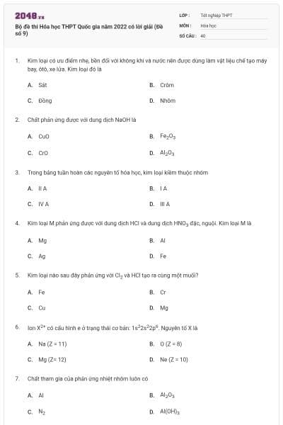 Bộ đề thi Hóa học THPT Quốc gia năm 2022 có lời giải (Đề số 9)