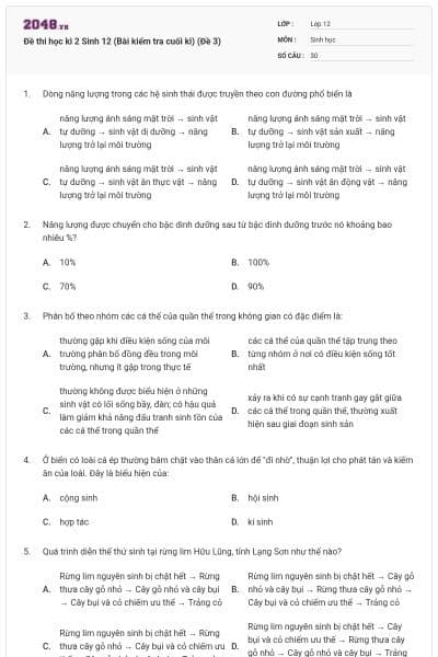 Đề thi học kì 2 Sinh 12 (Bài kiểm tra cuối kì) (Đề 3)