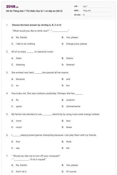 Đề thi Tiếng Anh 7 Thí điểm Học kì 1 có đáp án (Đề 5)