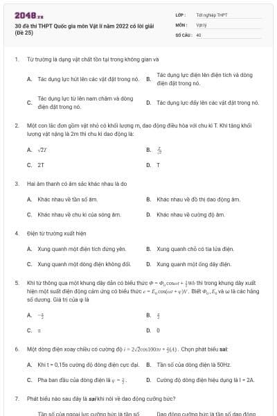30 đề thi THPT Quốc gia môn Vật lí năm 2022 có lời giải (Đề 25)