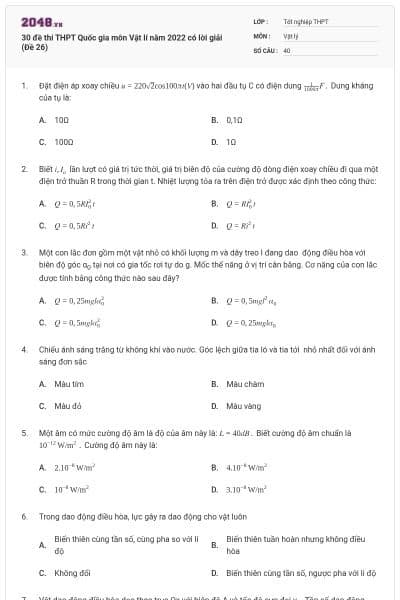 30 đề thi THPT Quốc gia môn Vật lí năm 2022 có lời giải (Đề 26)