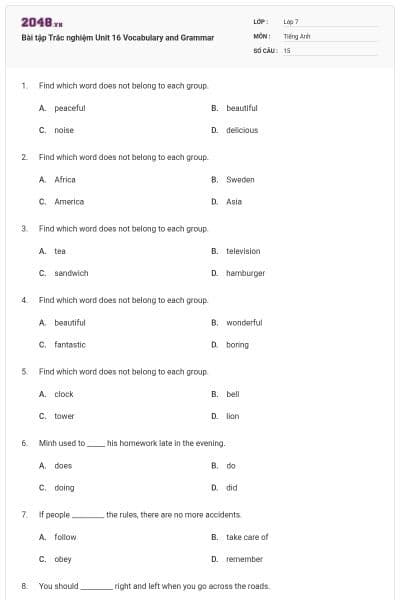 Bài tập Trắc nghiệm Unit 16 Vocabulary and Grammar