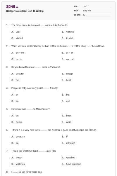 Bài tập Trắc nghiệm Unit 16 Writing